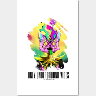 Techno cat - Only underground vibes - Catsondrugs.com - rave, edm, festival, techno, trippy, music, 90s rave, psychedelic, party, trance, rave music, rave krispies, rave flyer Posters and Art